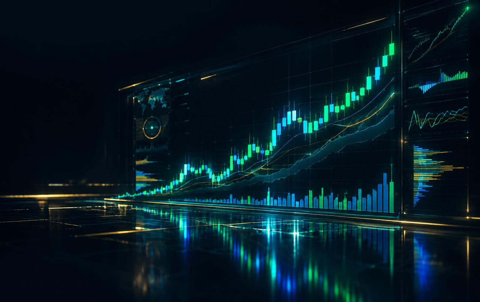 Neon trading charts showing a rising market